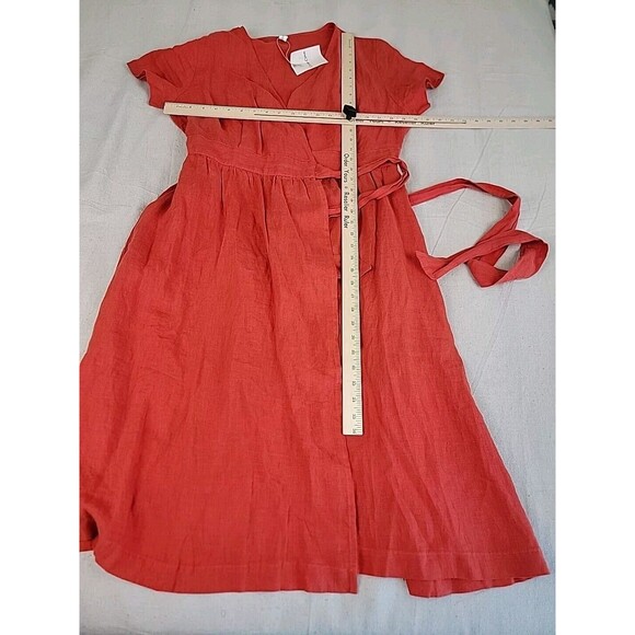 Grae Cove Linen Dress M Orange Wrap Tie Pockets V Neck Praire Cottagecore NEW - Picture 12 of 13